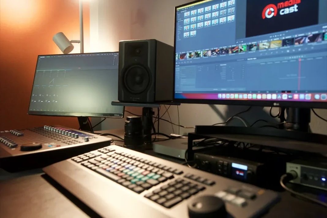 DaVinci Resolve süiti; referans ekranda zaman çizelgesi, önünde kontrol paneli