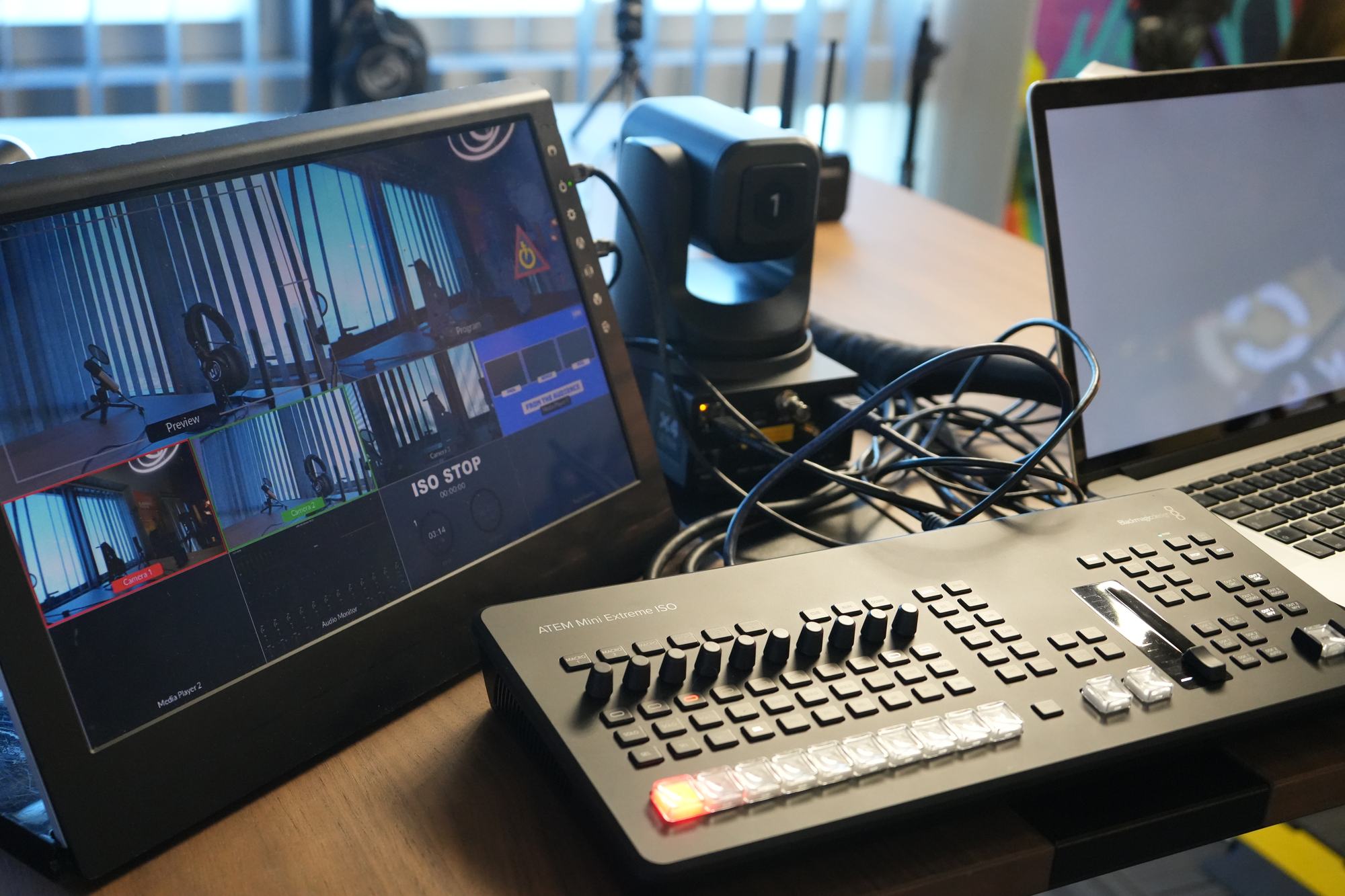 The live production desk at MCX, control surface and multiview